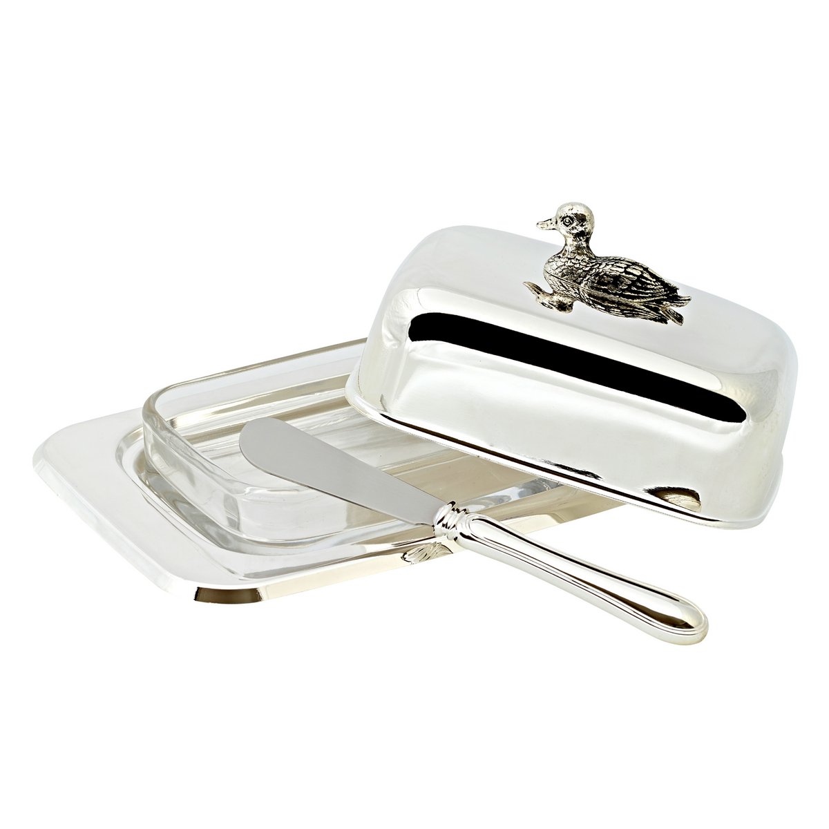 Butterdose Ente 13x18 cm, H 8 cm, Glaseinsatz, edel versilbert, mit Buttermesser