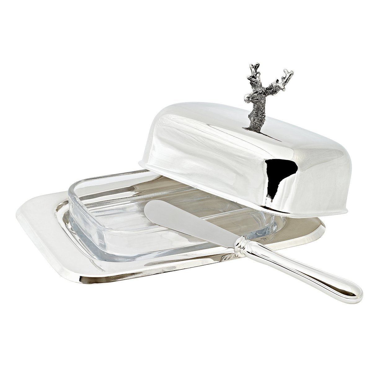 Butterdose Hirsch 13x18 cm, H 8 cm, Glaseinsatz, edel versilbert, mit Buttermesser