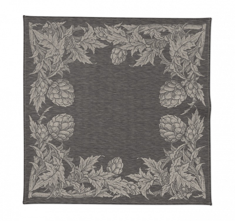 Serviette Tosca aus 100 % Leinen in Anthrazit mit mediterraner Jacquard-Bordüre und Artischockenmotiv.