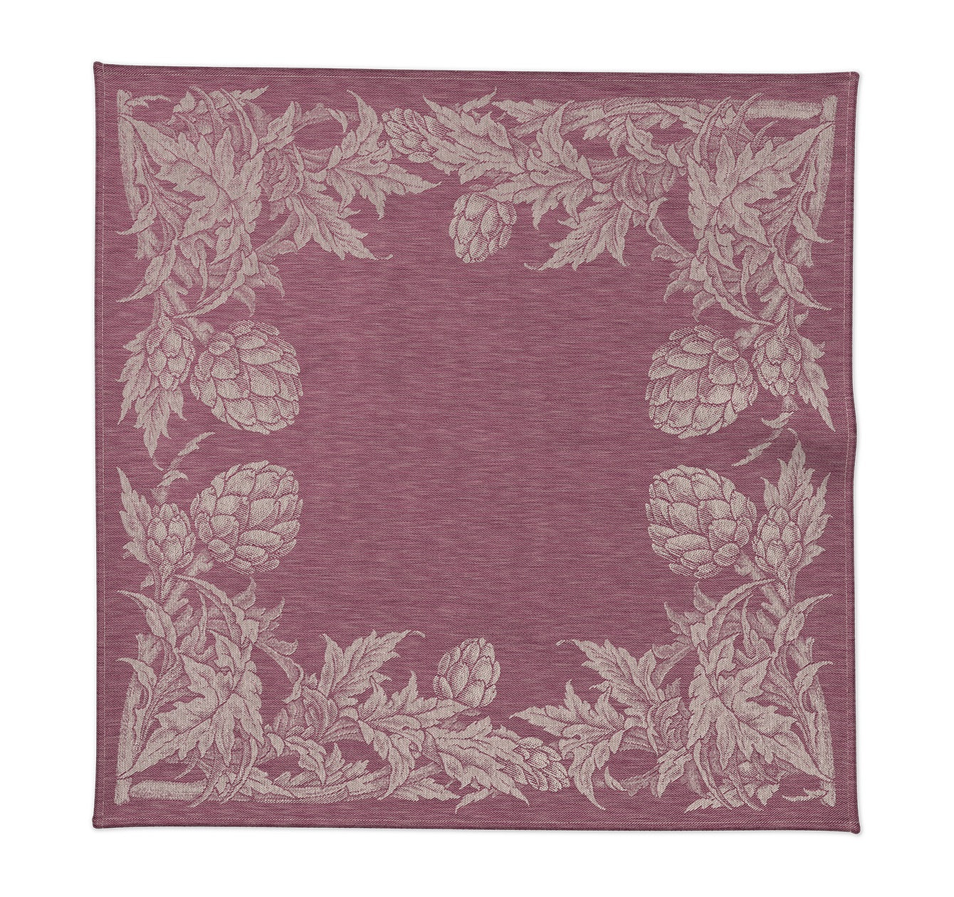 Serviette Tosca aus 100 % Leinen in Bordeaux mit mediterraner Jacquard-Bordüre und Artischockenmotiv.