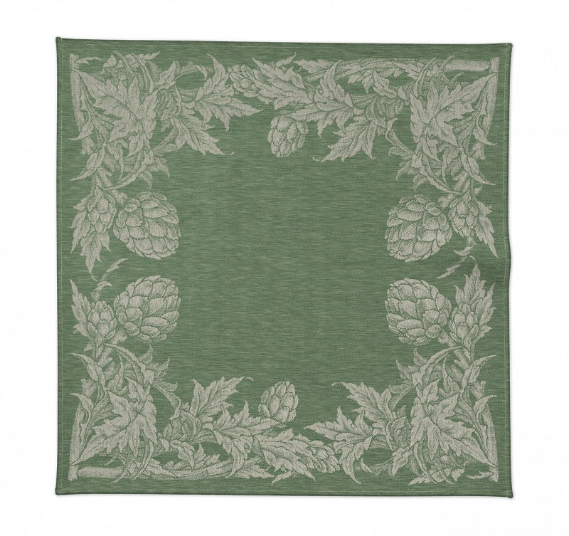 Serviette Tosca aus 100 % Leinen in Grün mit mediterraner Jacquard-Bordüre und Artischockenmotiv.