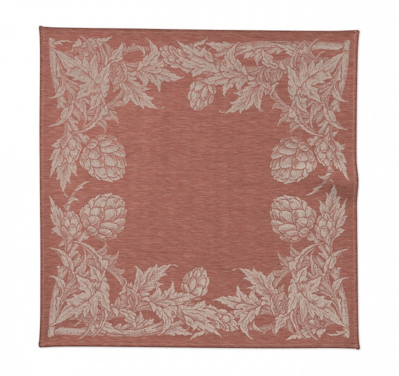 Serviette Tosca aus 100 % Leinen in Rostrot mit mediterraner Jacquard-Bordüre und Artischockenmotiv.