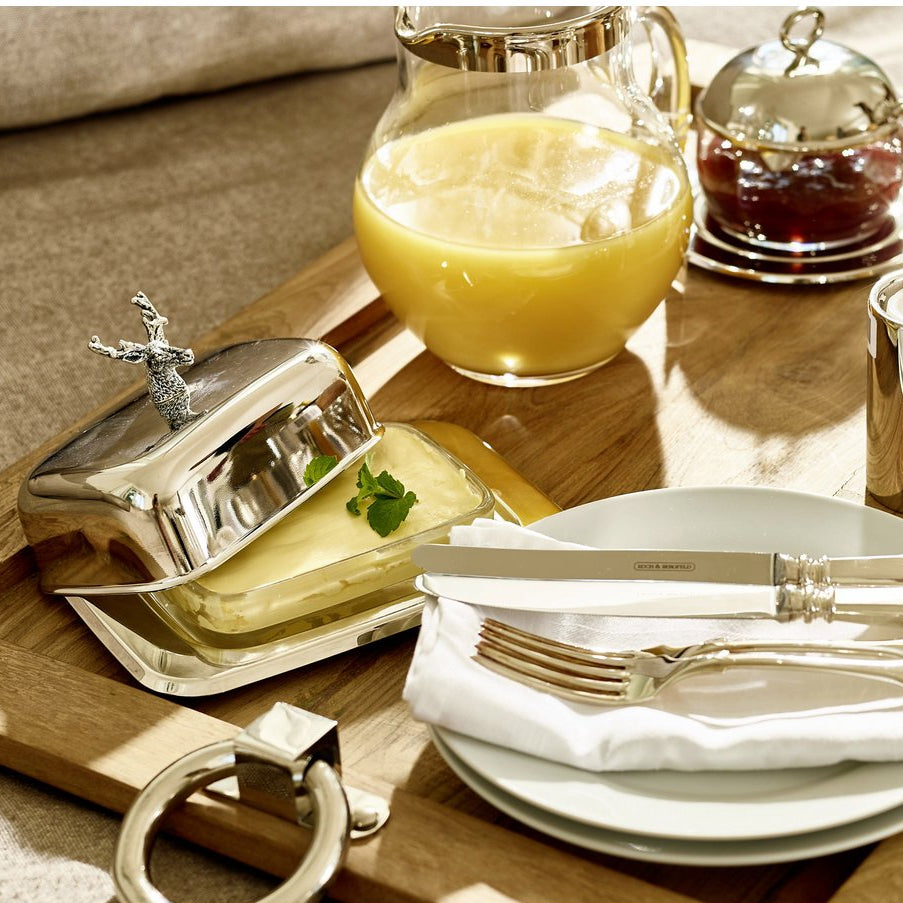 Butterdose Hirsch 13x18 cm, H 8 cm, Glaseinsatz, edel versilbert, mit Buttermesser