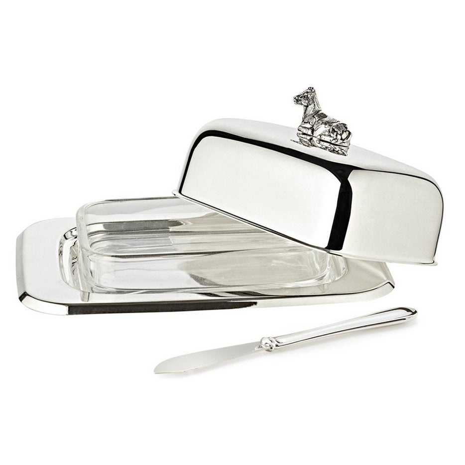Butterdose Kuh 13x18 cm, H 8 cm, Glaseinsatz, edel versilbert, mit Buttermesser