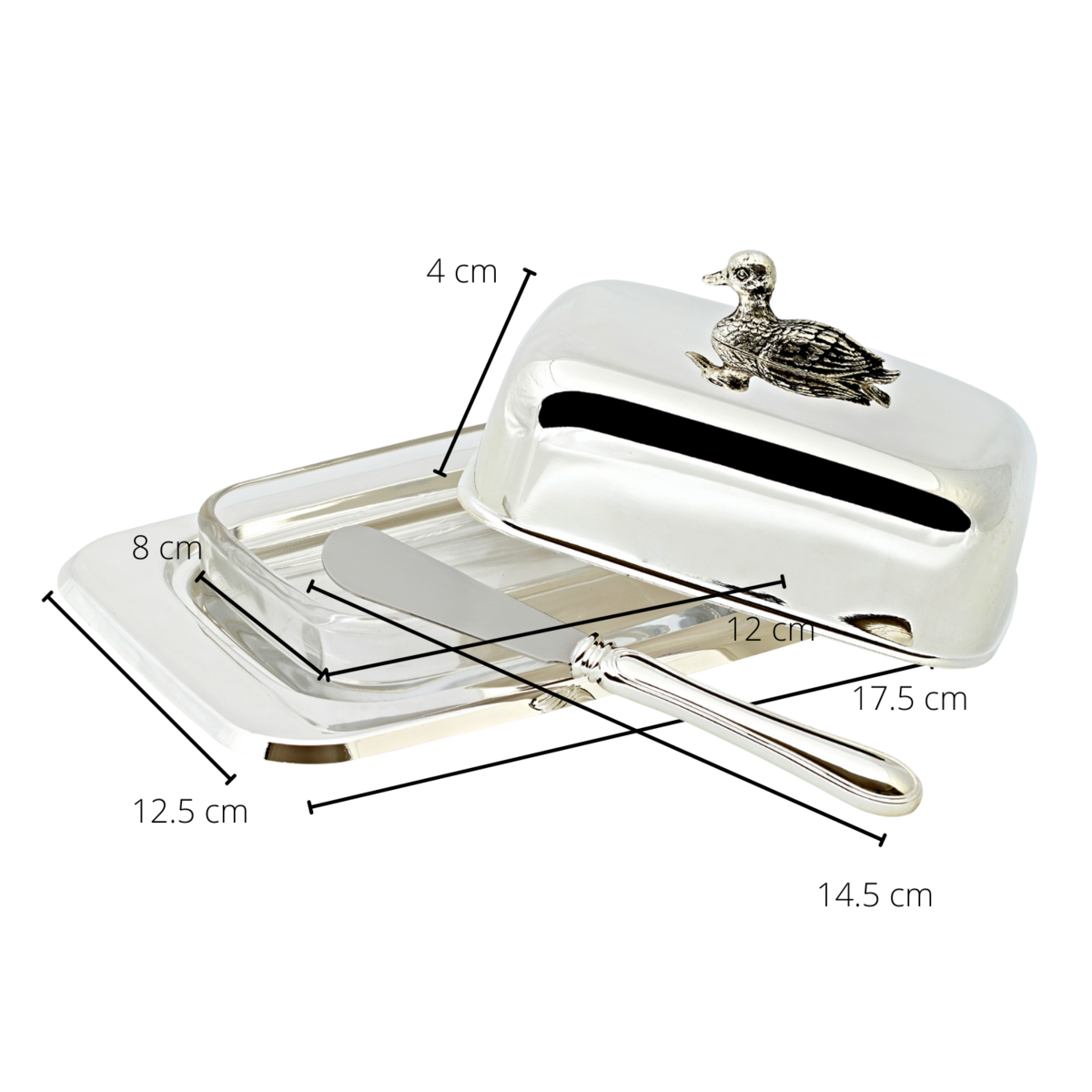 Butterdose Ente 13x18 cm, H 8 cm, Glaseinsatz, edel versilbert, mit Buttermesser