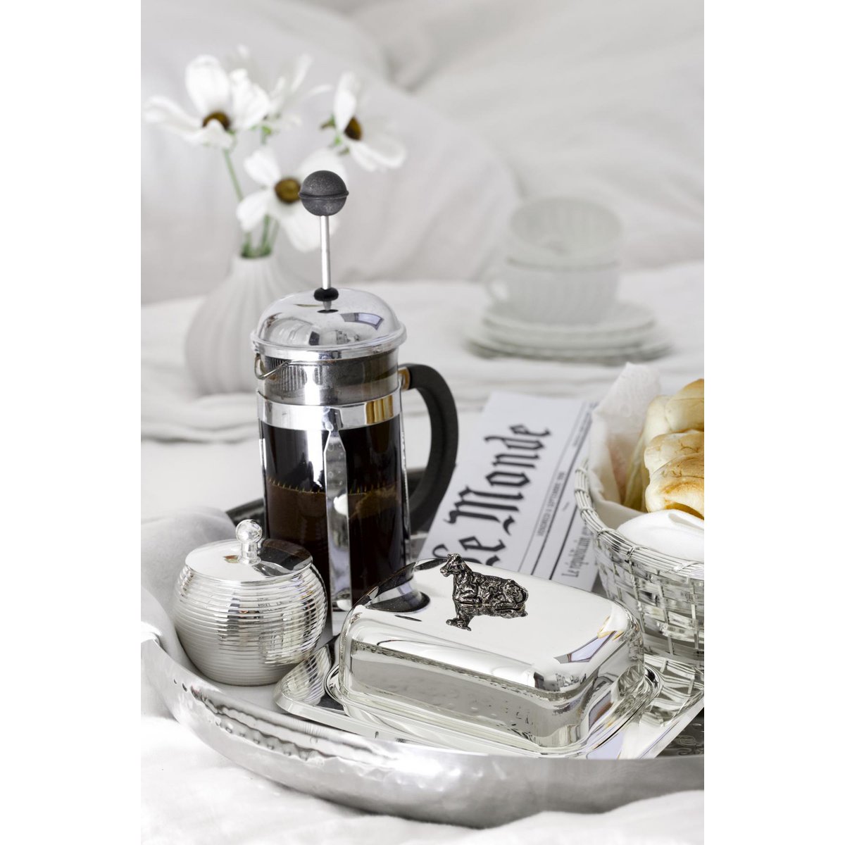 Butterdose Kuh 13x18 cm, H 8 cm, Glaseinsatz, edel versilbert, mit Buttermesser