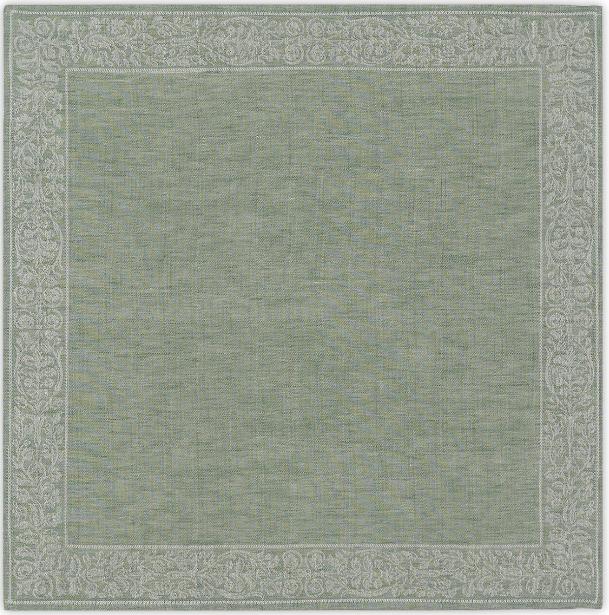 Serviette „Medici“ in Lindengrün aus 100 % Leinen mit floraler Rankenbordüre. Elegantes Tafeltextil, auch als Tischläufer und Tischset erhältlich.
